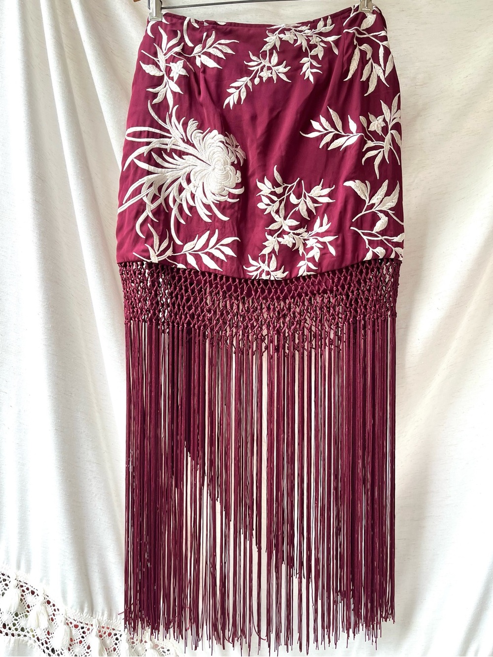 Zara Pareo Skirt with Embroidery & Fringe Burgundy White - Picture 10 of 16